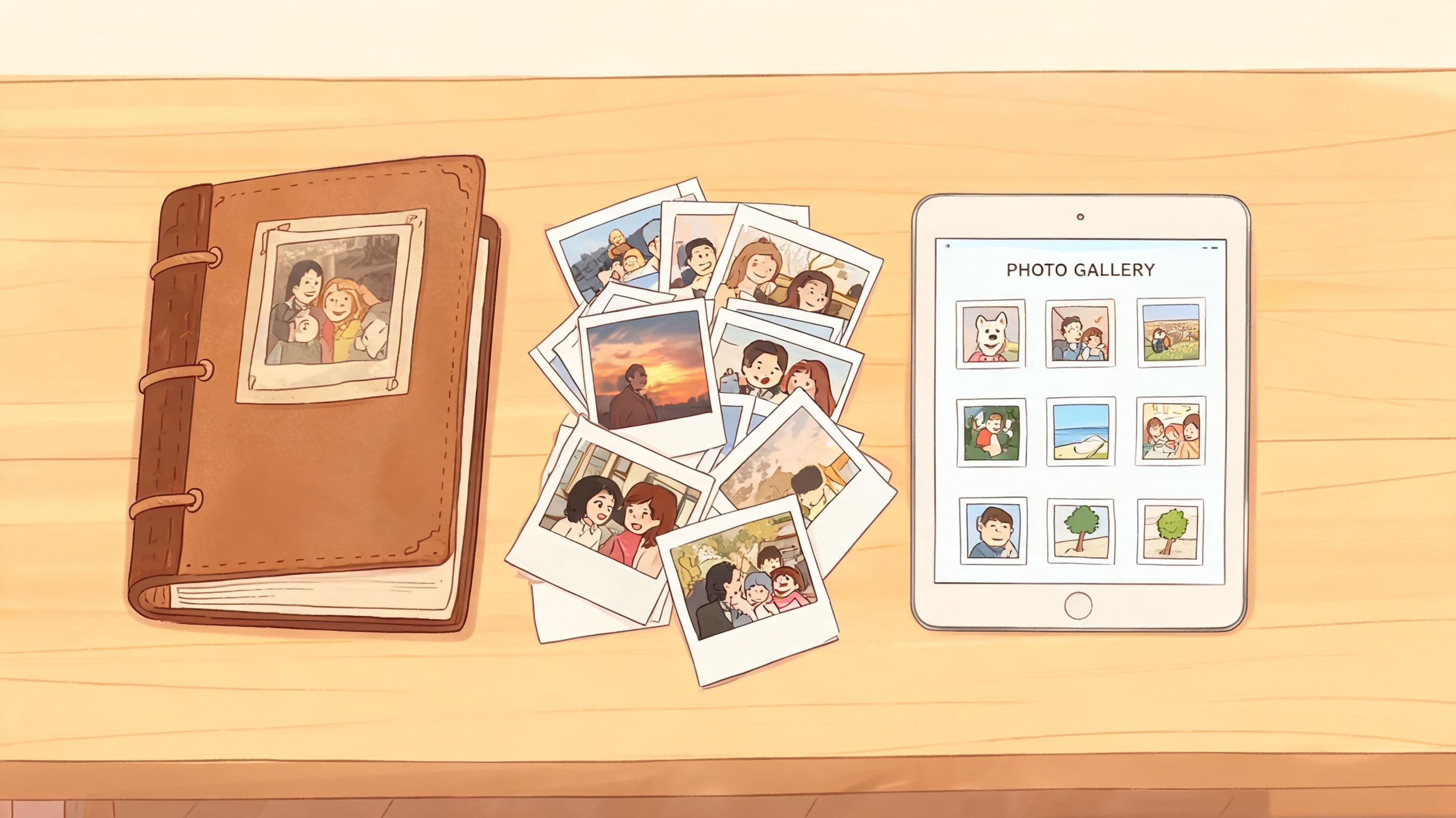 An illustration showing a photo album, a pile of printed polaroid photos, and a digital tablet screen.