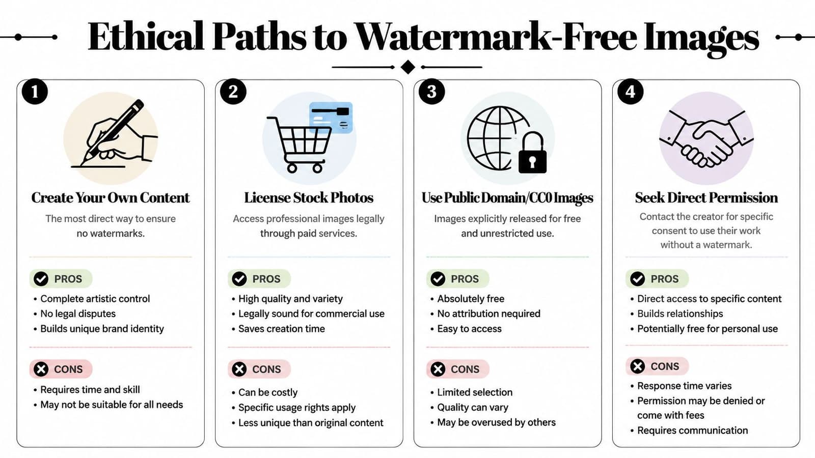 An infographic detailing four ethical methods for obtaining high-quality images without watermarks for professional use.