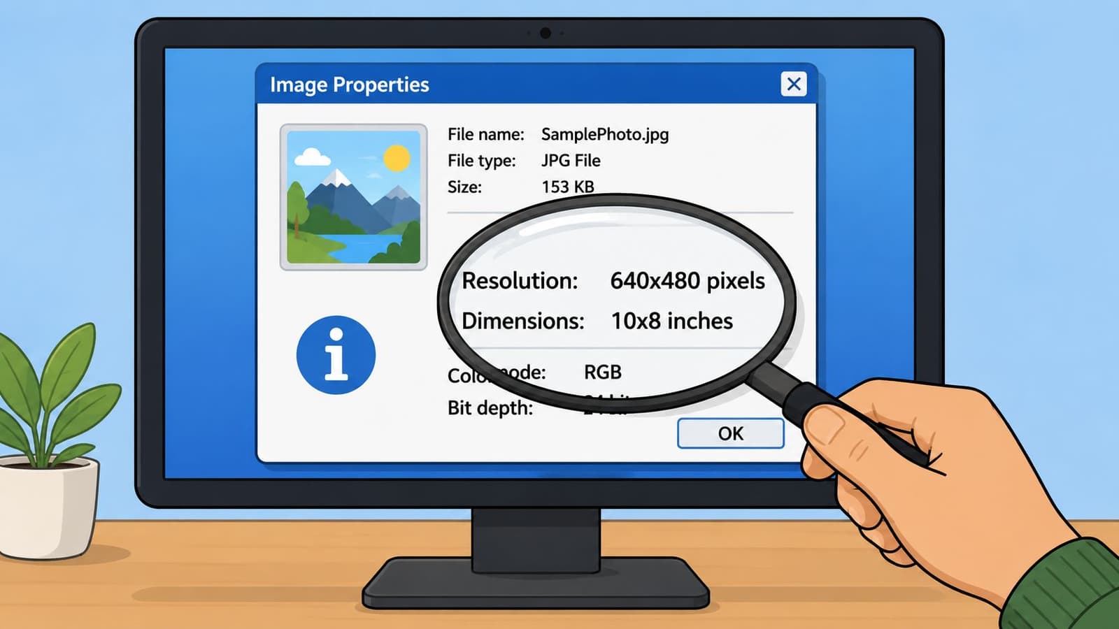 A hand uses a magnifying glass to inspect digital image properties shown on a computer screen.