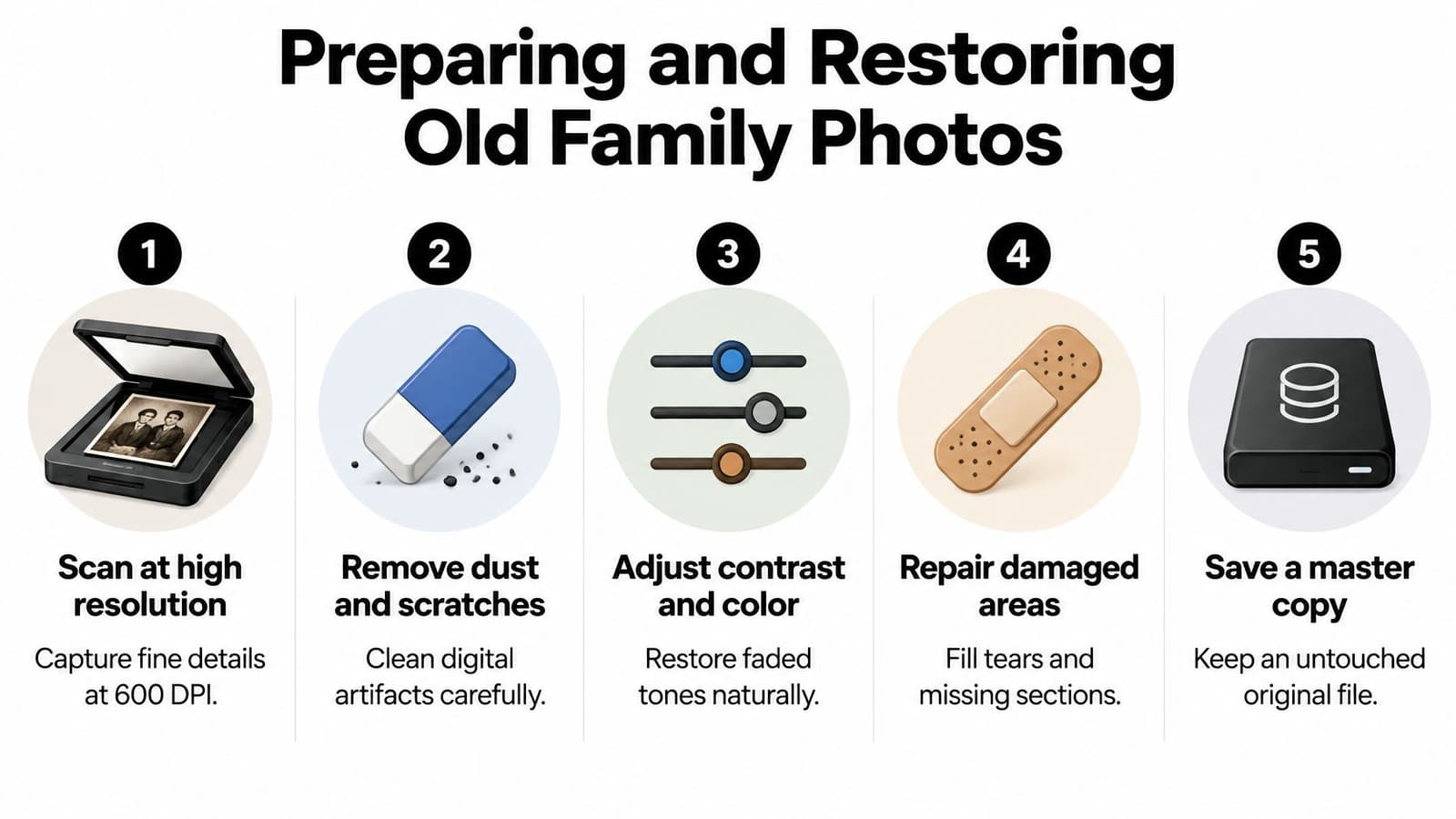 A five-step infographic showing the process for scanning, cleaning, restoring, and archiving old family photographs.