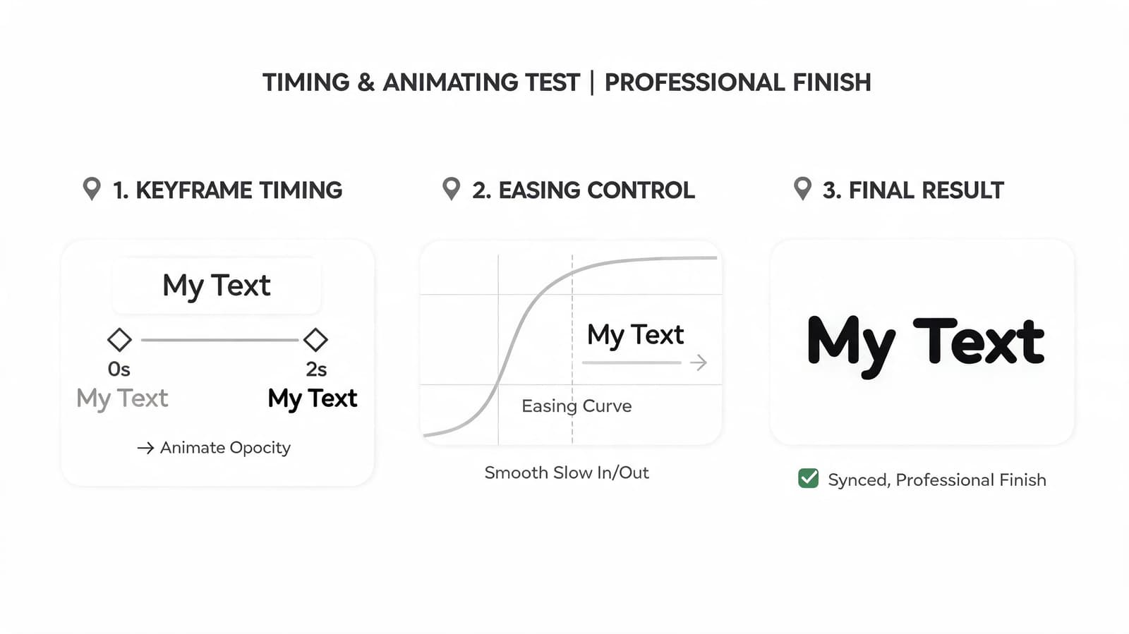 A graphic diagram demonstrating keyframe timing, easing control, and the professional finish of text animation.