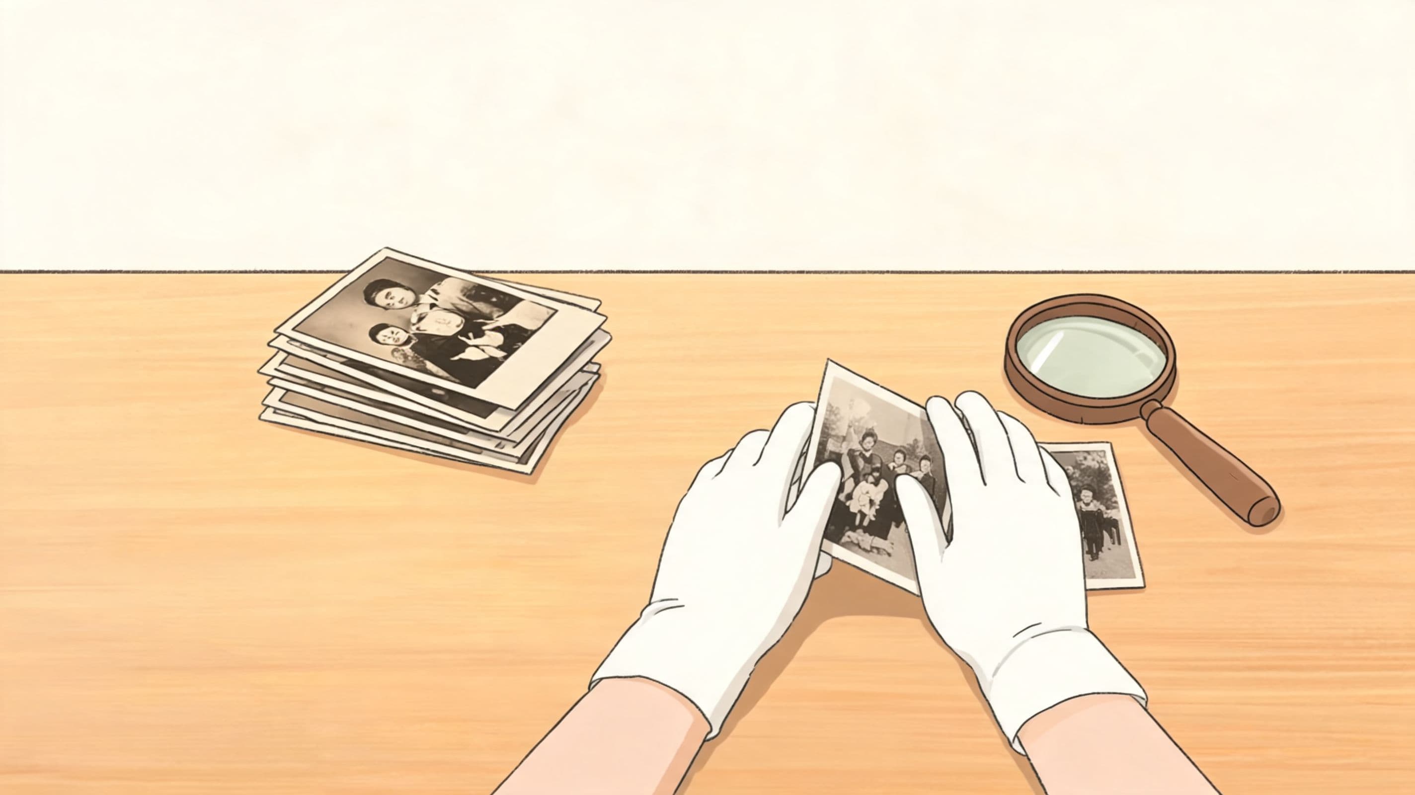 A person wearing white archival gloves holds an old vintage photograph over a wooden table surface.
