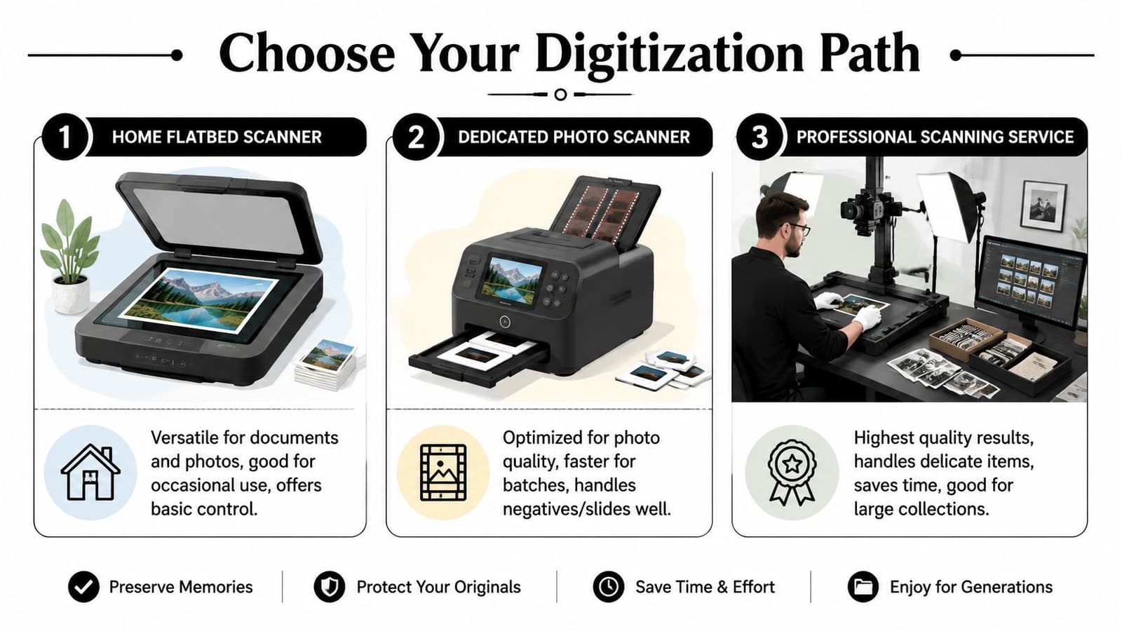 A comparison infographic showing three ways to digitize old photos: flatbed scanner, dedicated photo scanner, and professional service.
