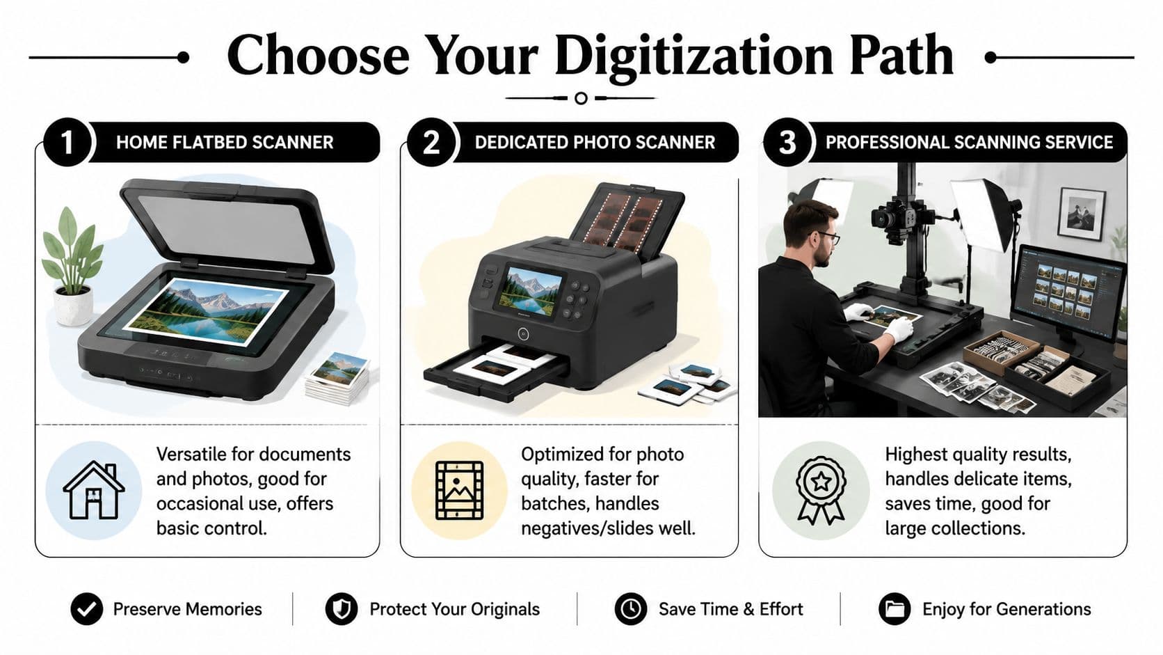 A comparison infographic showing three ways to digitize old photos: flatbed scanner, dedicated photo scanner, and professional service.