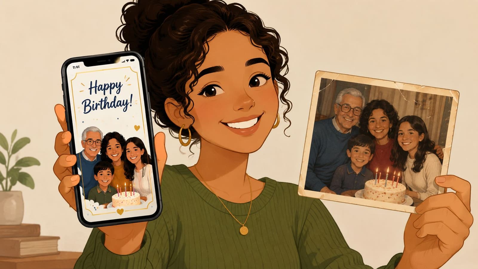 A woman holding a smartphone with a birthday image and a physical photograph of the same family.