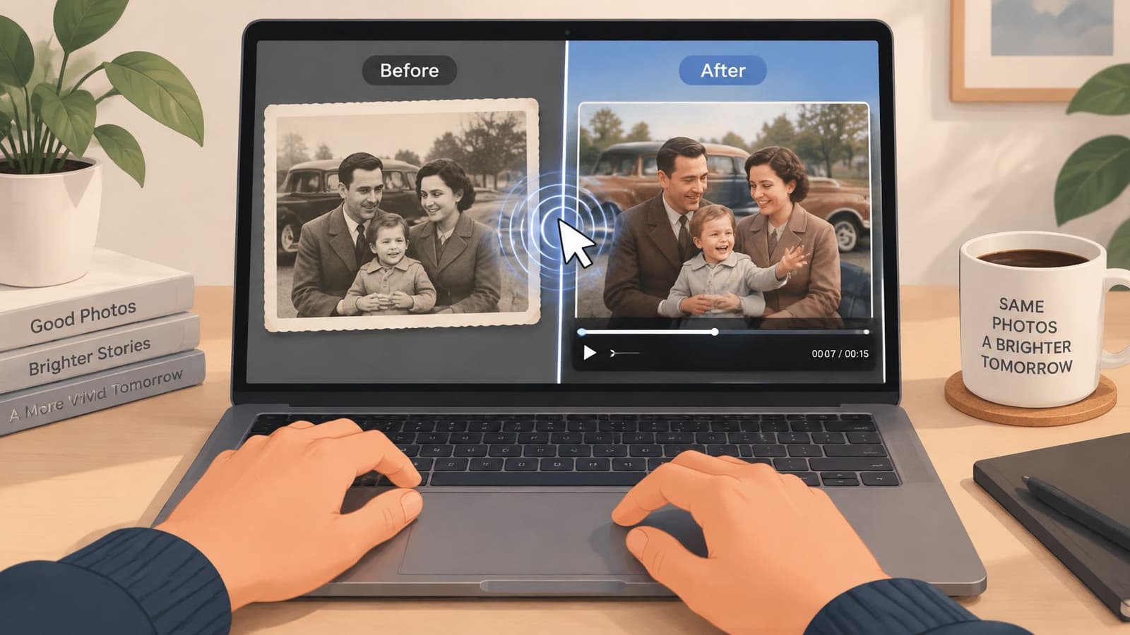 A person editing a black and white family photo into a colorized animated video on a laptop.