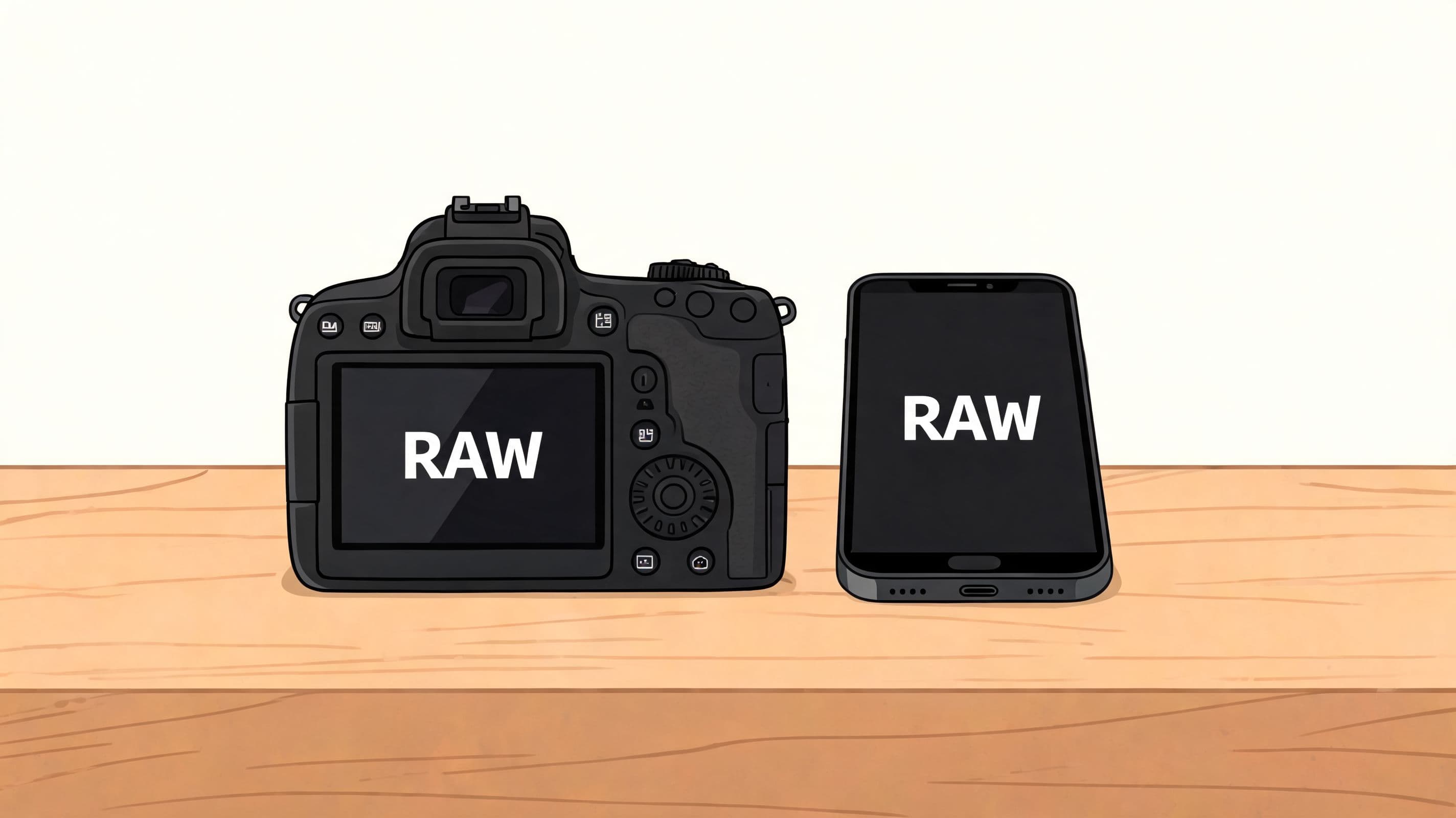 A digital camera and a smartphone placed side by side on a wooden table, both displaying RAW text.