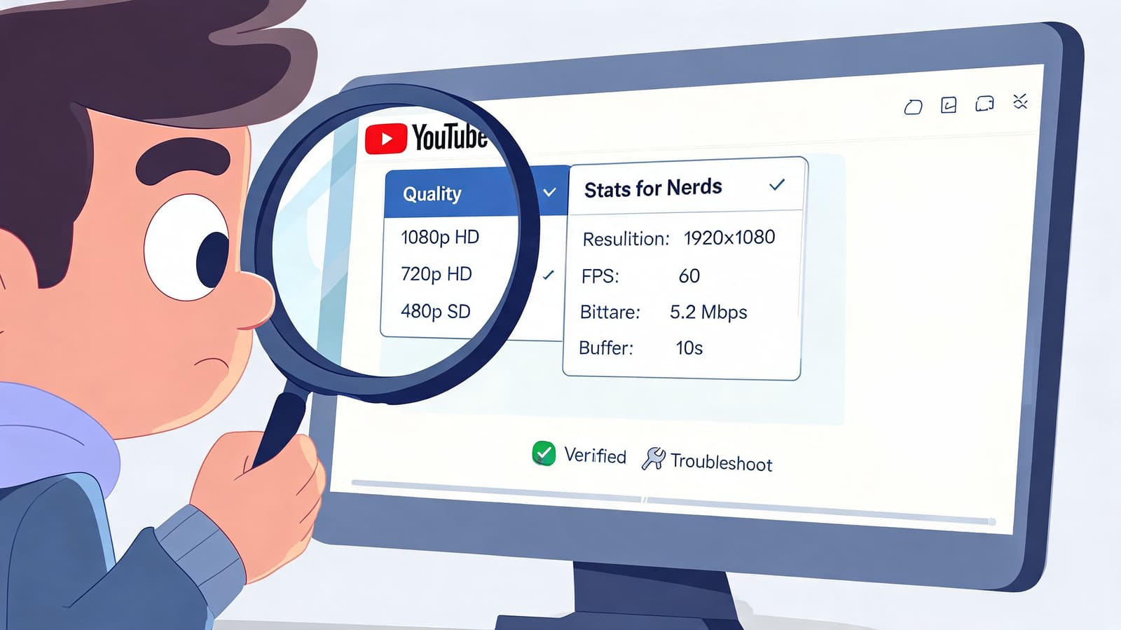 An illustration of a cartoon character examining YouTube video quality and stats on a computer monitor.