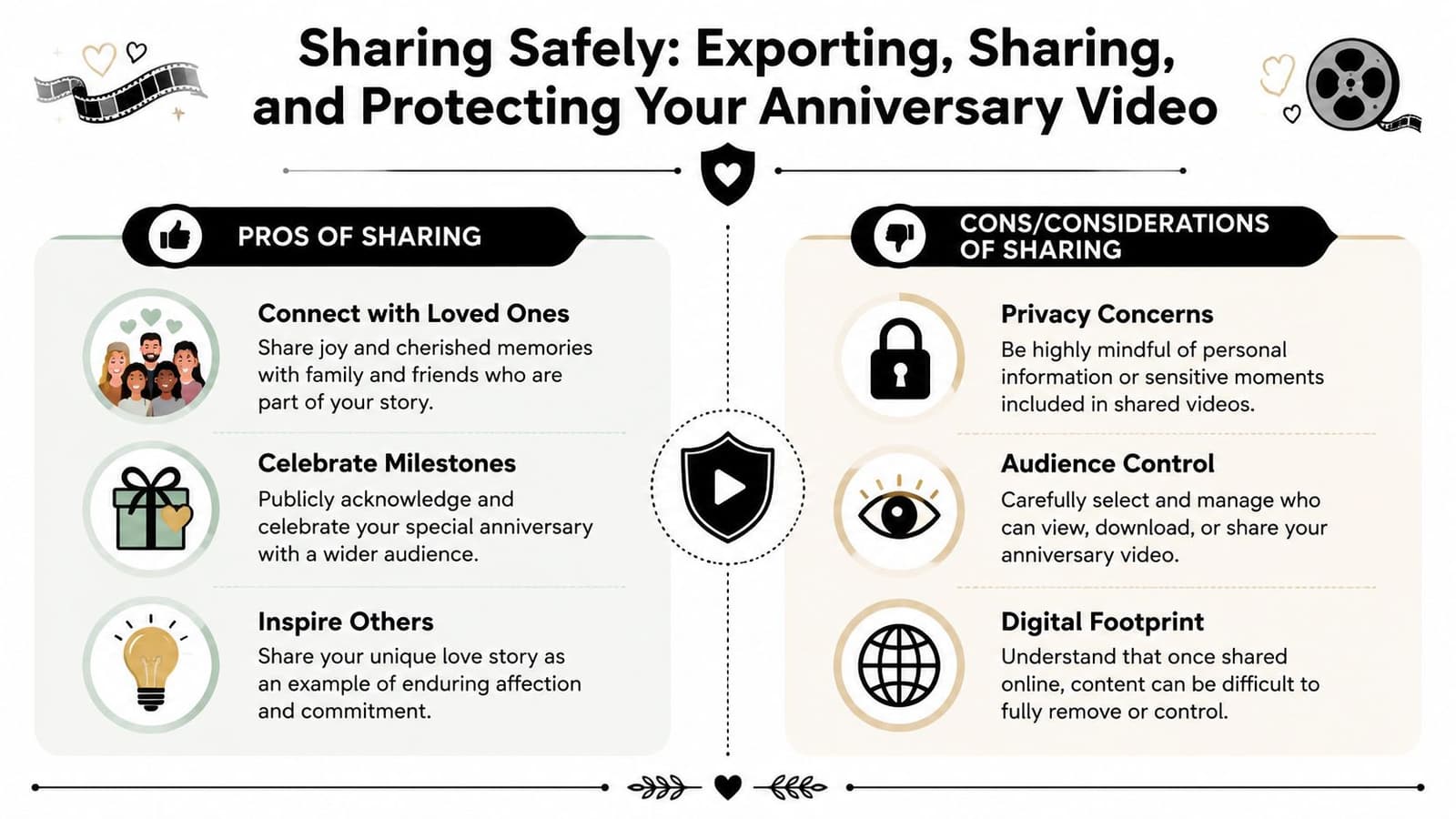 An infographic showing the pros and cons of sharing anniversary videos online with safety tips.