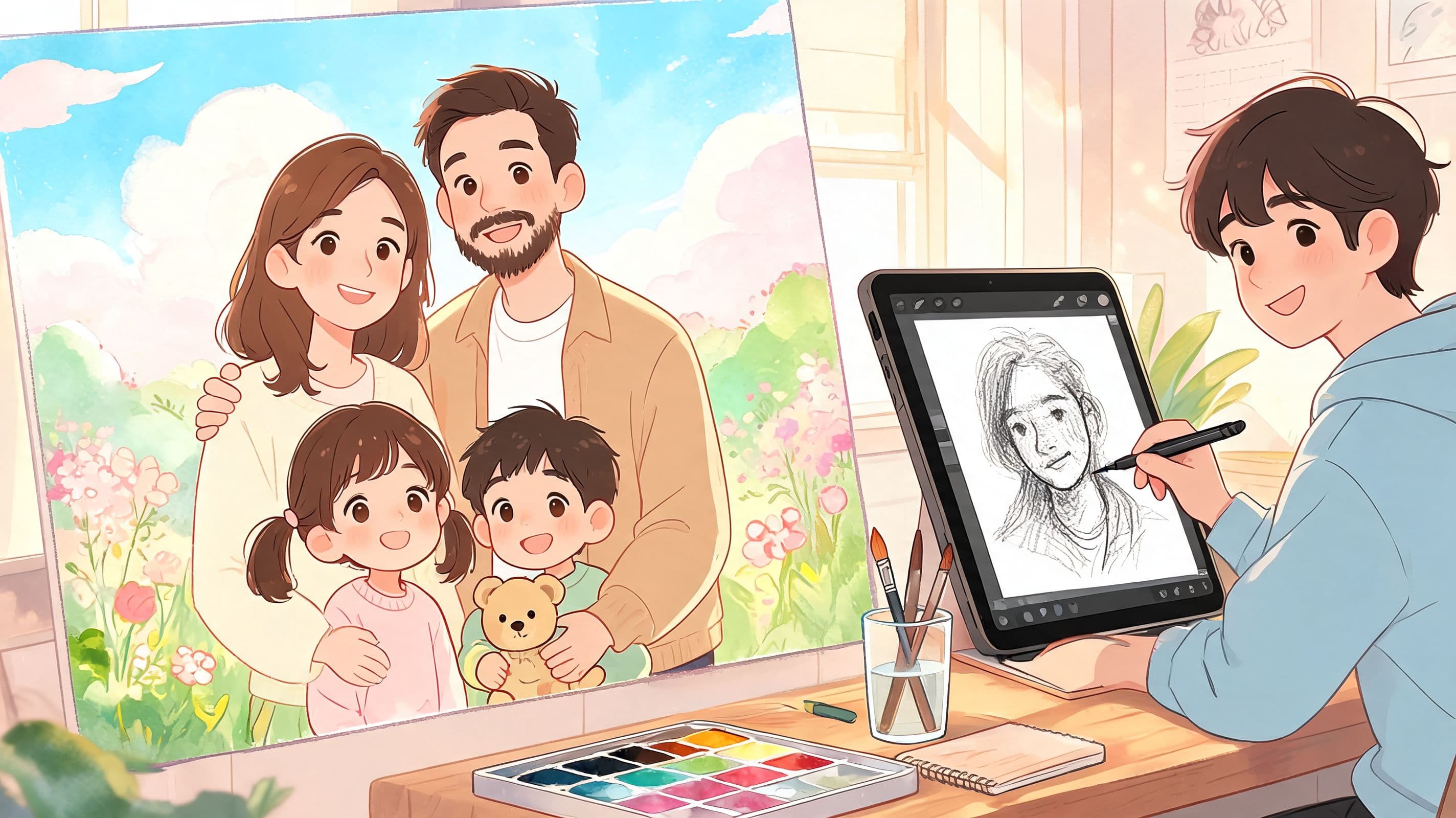 A digital artist uses a tablet to sketch a portrait, referencing a colorful family painting nearby.