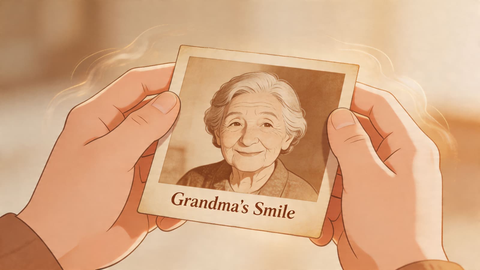 A close-up illustration of two hands holding a vintage polaroid photo of an elderly woman smiling.