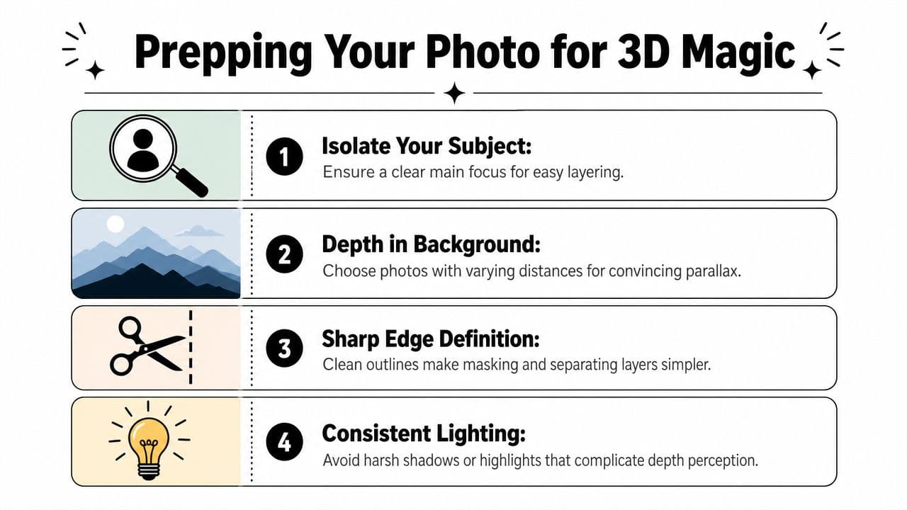 An infographic showing four essential tips for preparing photos to create a 3D effect.