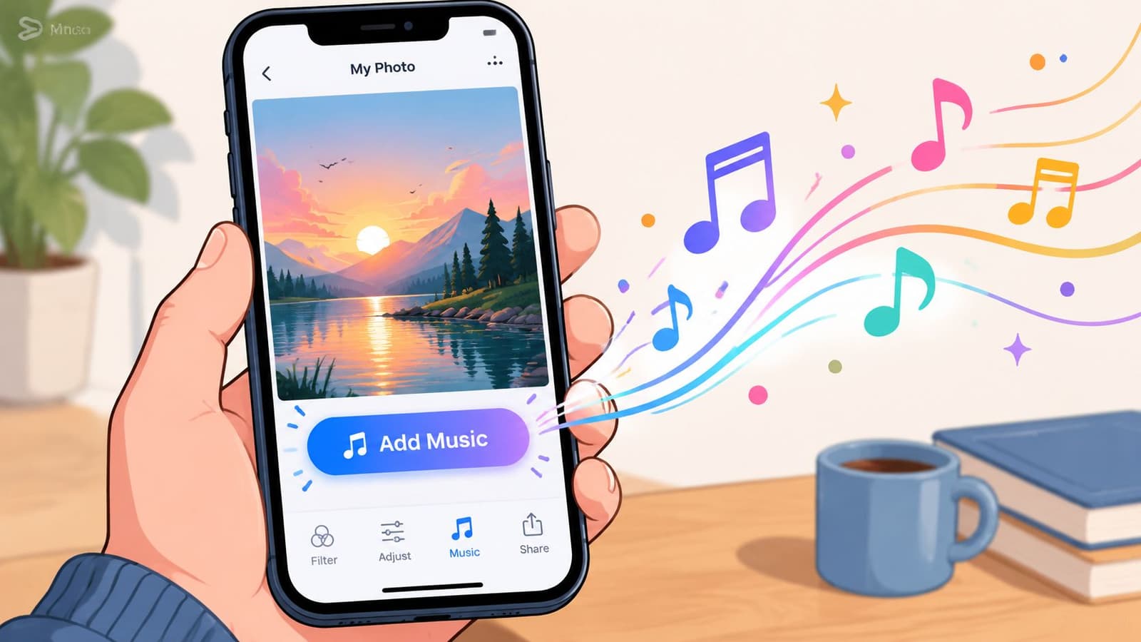 A hand holding a smartphone showing an app interface for adding music to a sunset photo.