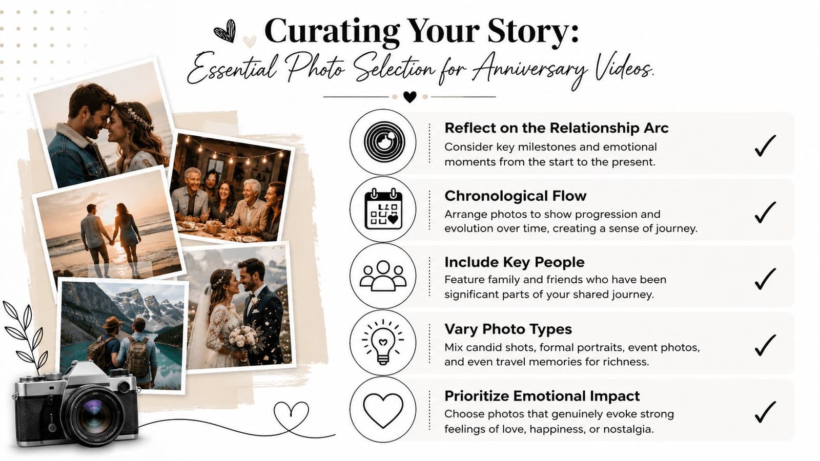 An infographic titled Curating Your Story offering five essential tips for selecting photos for anniversary videos.