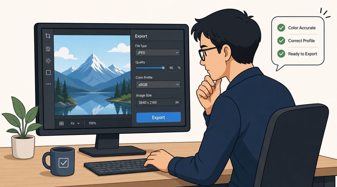 A digital artist checking color calibration settings on a computer monitor before exporting a landscape illustration.