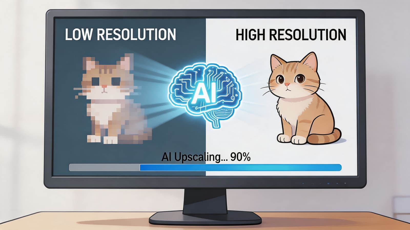 A computer screen showing a pixelated cat being transformed into a high-resolution image via AI upscaling technology.