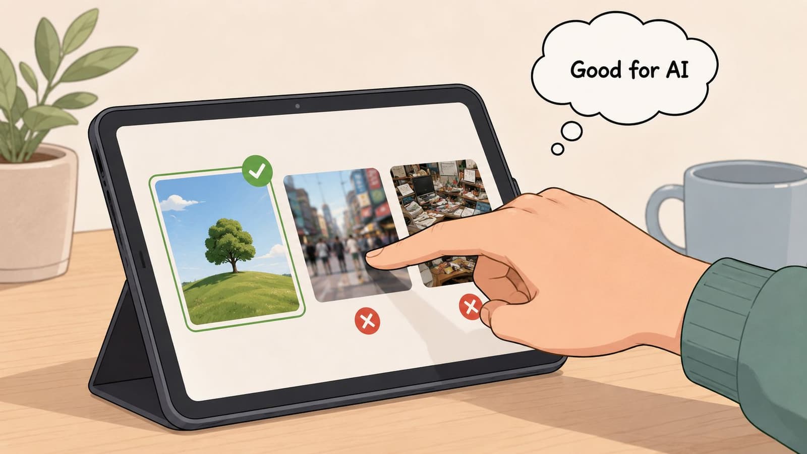 A hand selecting a digital landscape photo on a tablet screen labeled as good for AI.