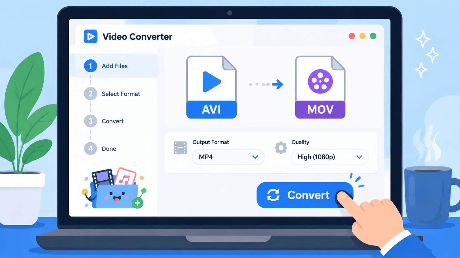 A digital illustration of a laptop screen showing an online video converter interface for file format conversion.