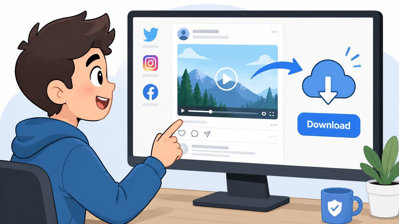 A cartoon boy pointing at a computer screen showing options to download mp4 video files online.