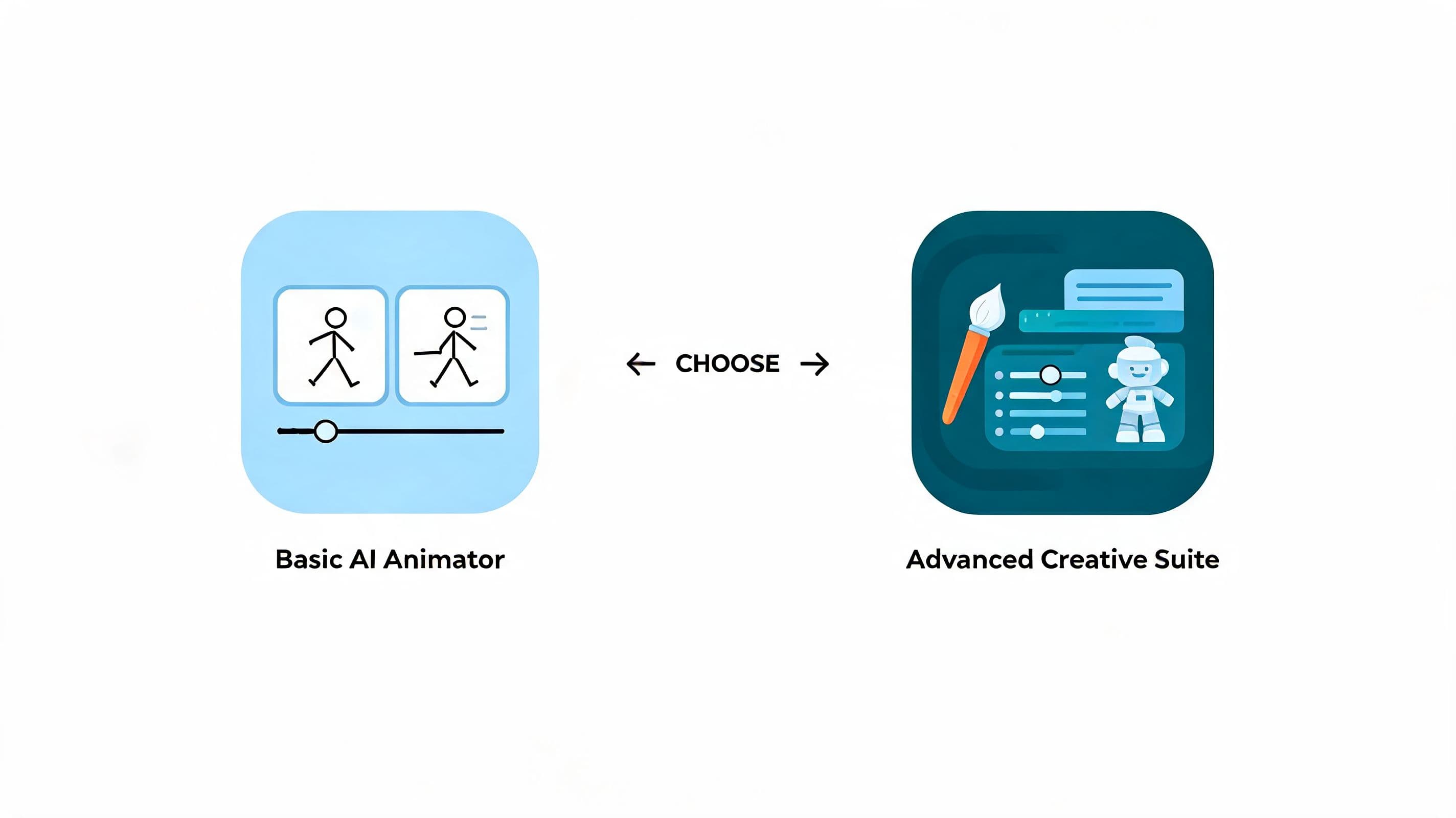 A choice screen showing Basic AI Animator and Advanced Creative Suite app icons for generative AI software.
