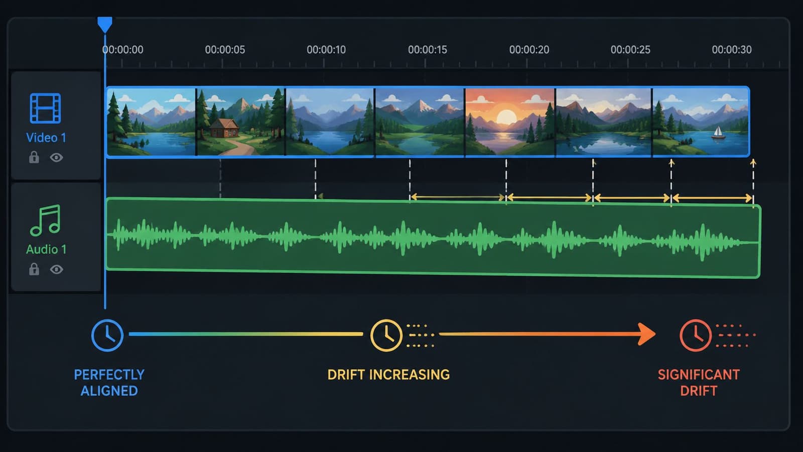 A video editing timeline interface showing visual representation of audio and video track desynchronization over time.