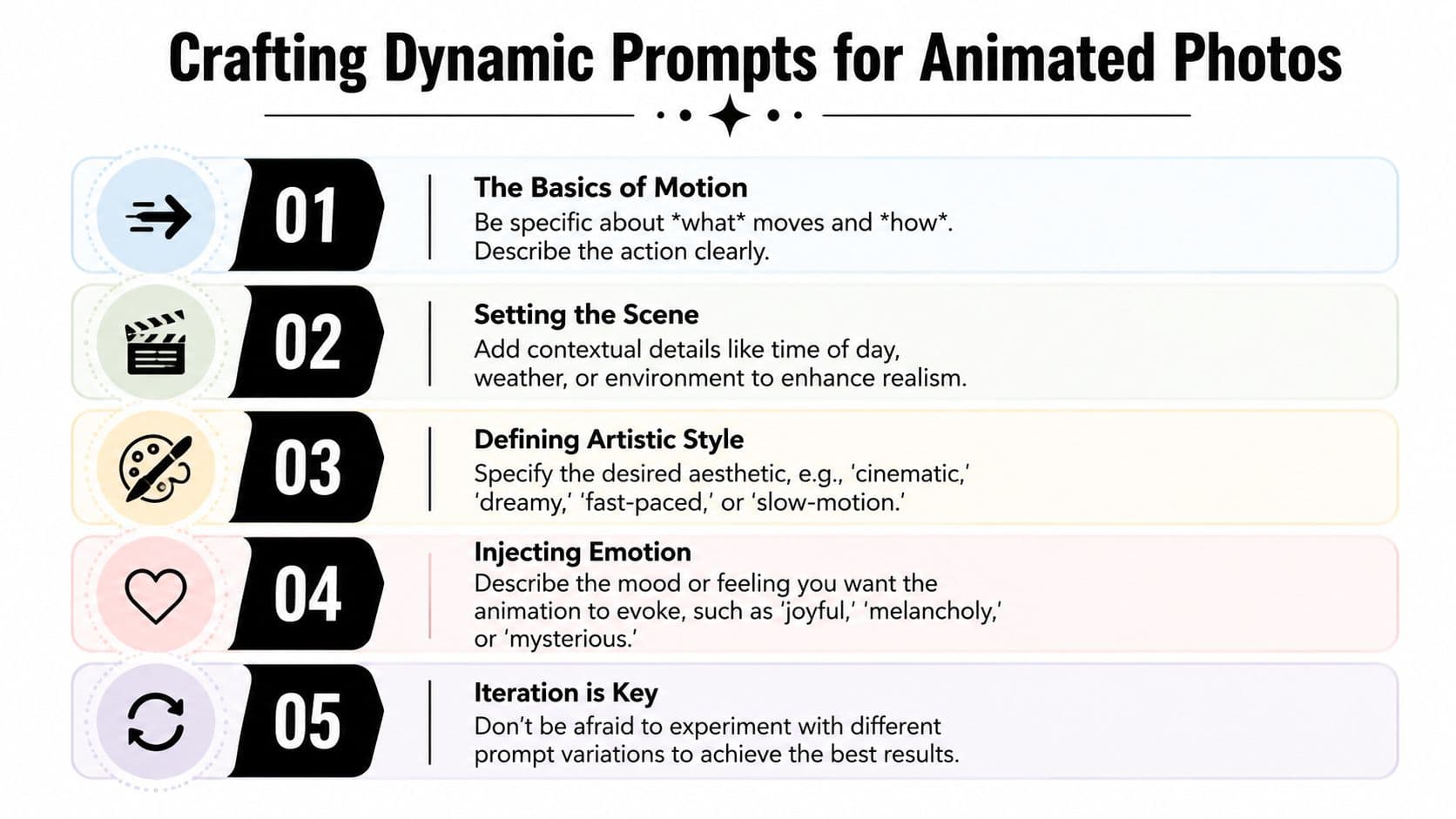 An infographic titled Crafting Dynamic Prompts for Animated Photos with five numbered tips for creating video animations.