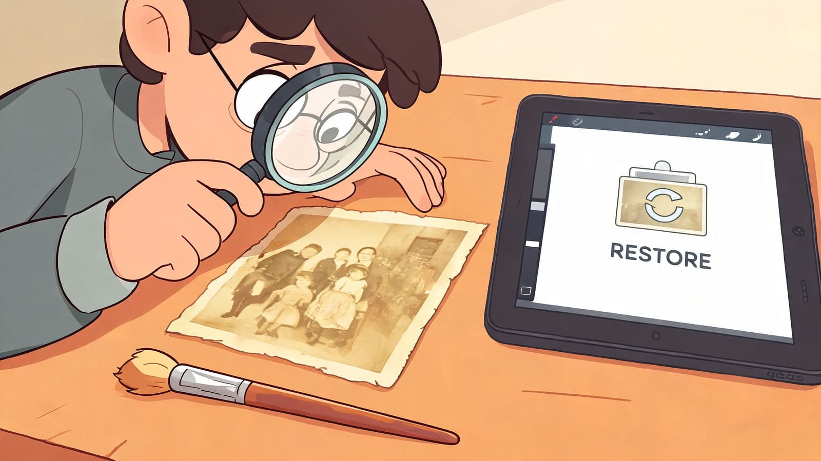 An illustrated artist uses a magnifying glass to examine a vintage family photograph for digital restoration.
