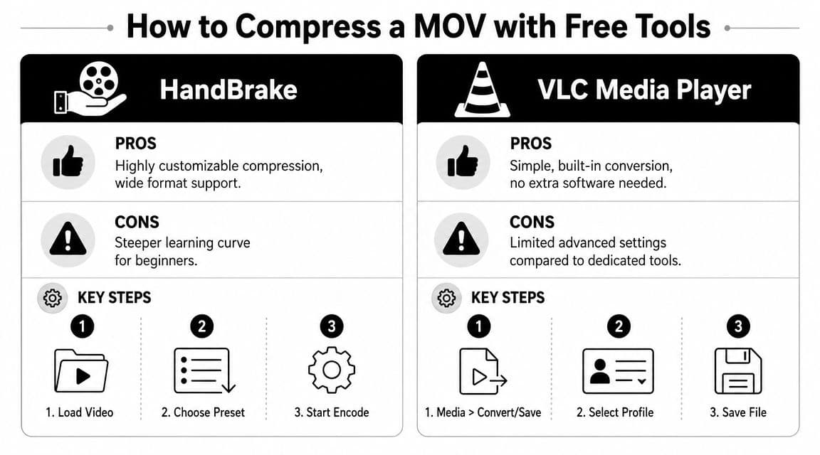 An infographic comparing HandBrake and VLC Media Player as free tools for compressing MOV video files.