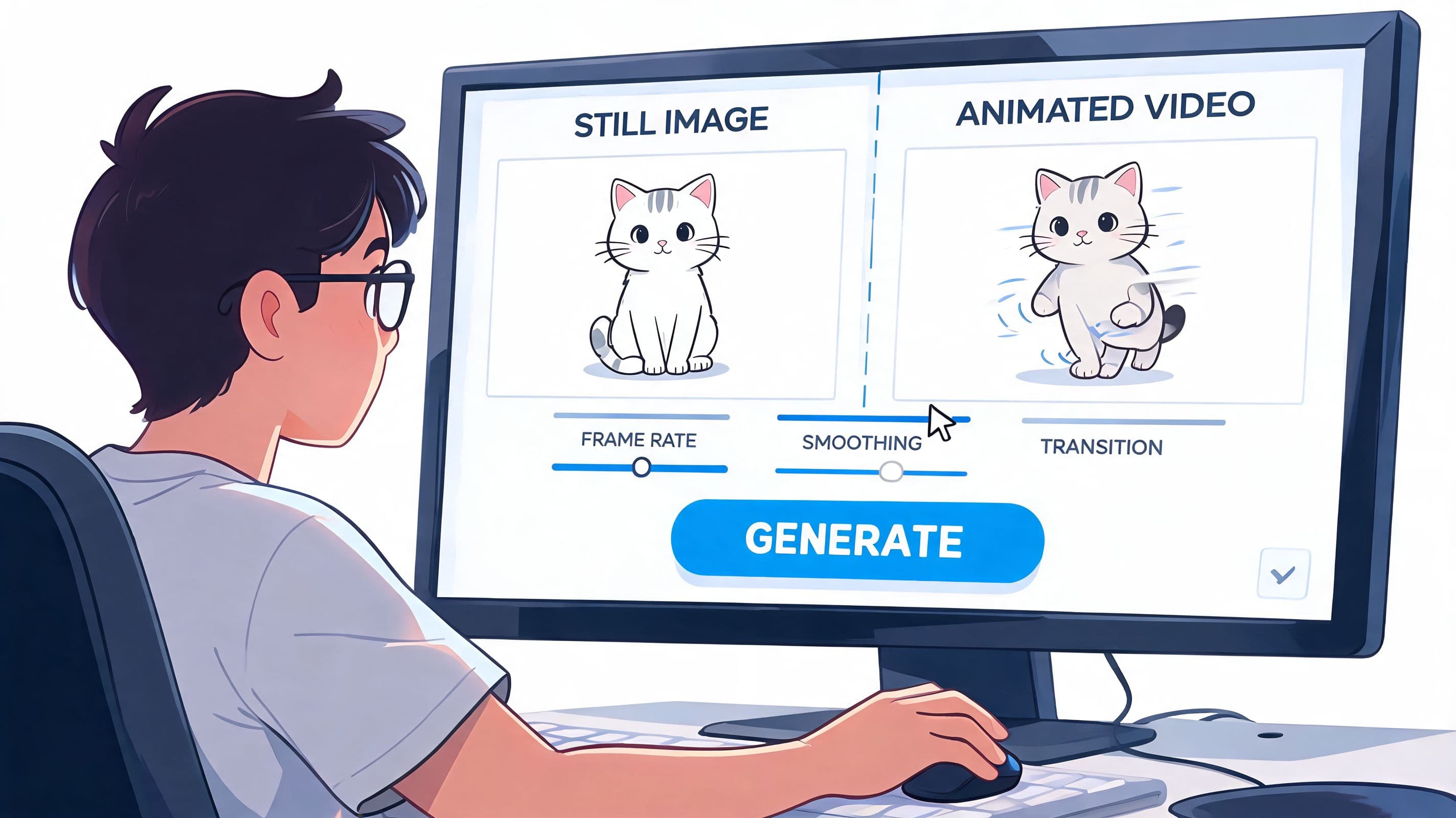 A young person sitting at a computer desk editing an image to create an animated video.