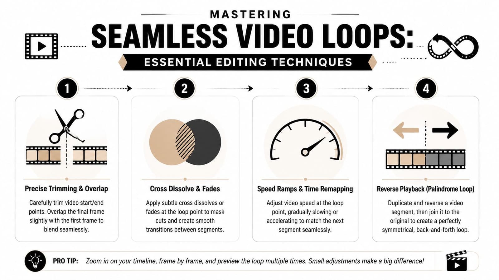 An infographic titled Mastering Seamless Video Loops outlining four essential video editing techniques for creating smooth loops.