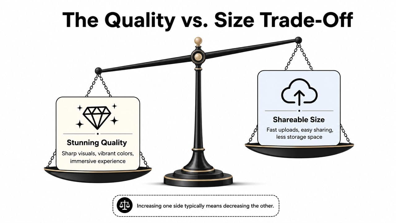 A balanced scale showing the trade-off between high visual quality and smaller, easily shareable file sizes.