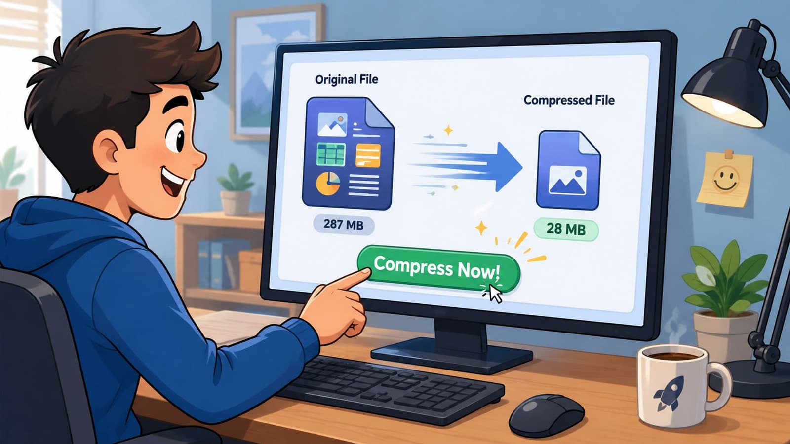 A happy person using a computer to click a button to compress a large file size.