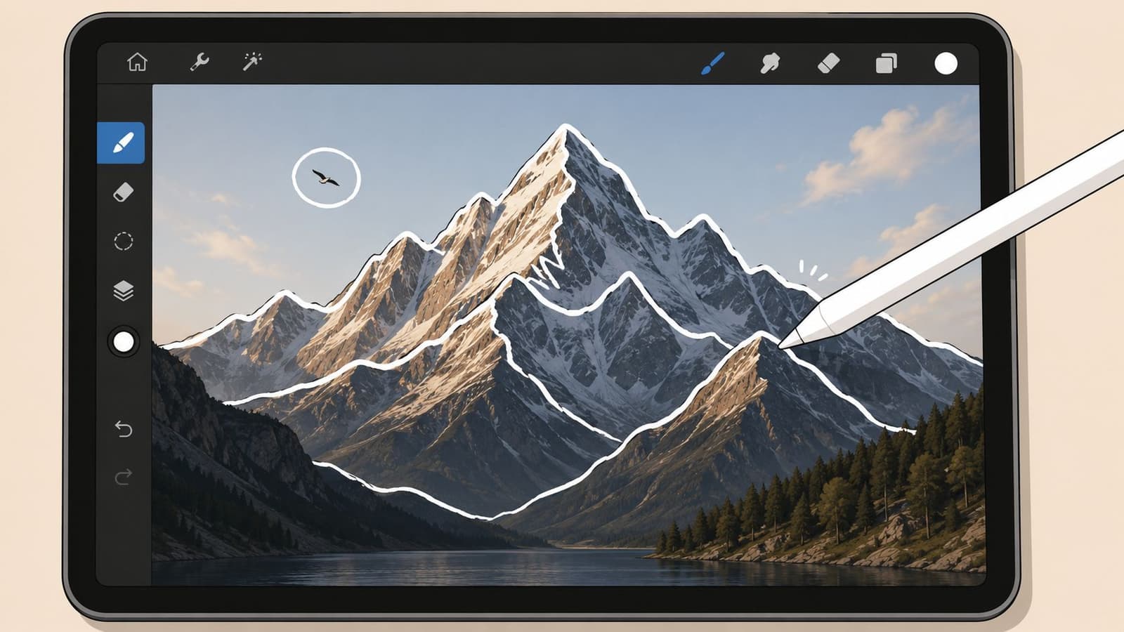 A digital illustration showing a tablet screen with an artist using a stylus to draw mountain outlines.