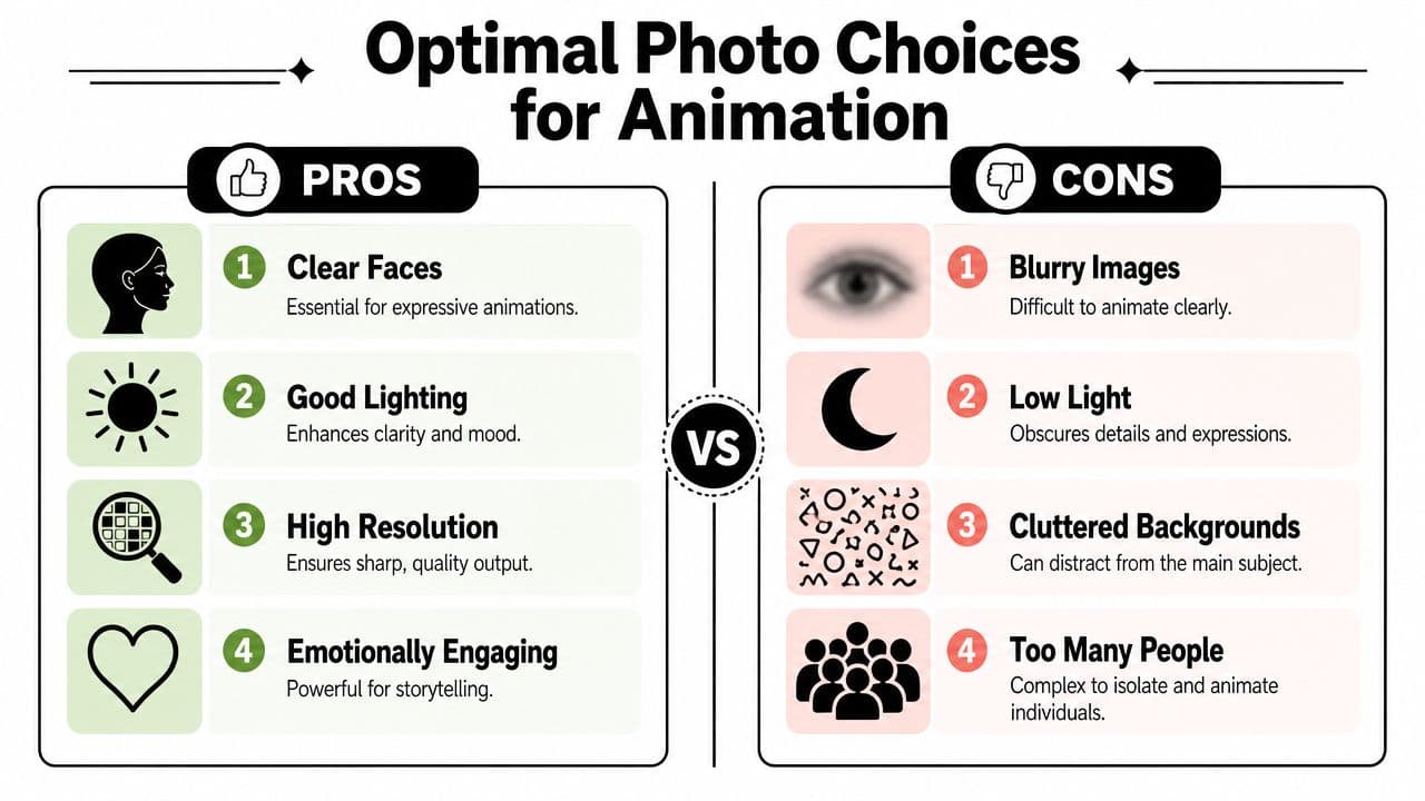 An infographic titled Optimal Photo Choices for Animation comparing the pros and cons of different photo types.