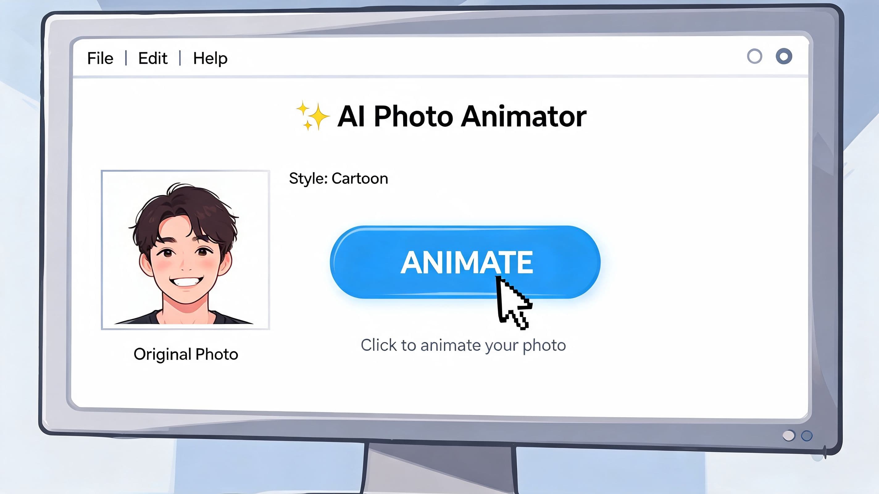 A computer screen showing an AI photo animator interface with a cartoon profile picture and animate button.