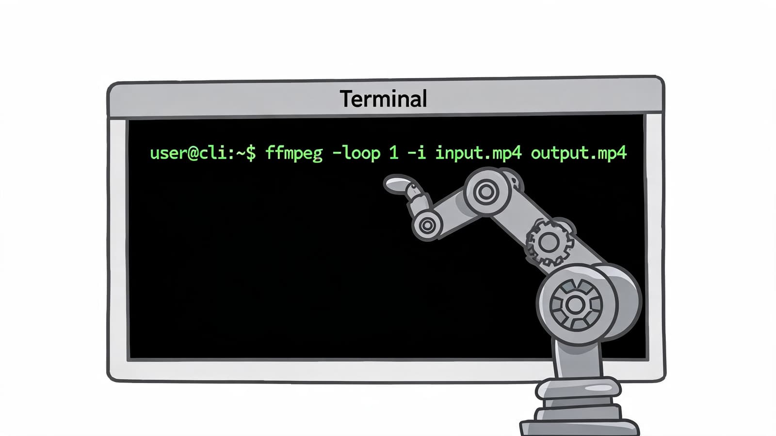 A robotic arm pointing at a terminal screen displaying an ffmpeg command to loop a video file.