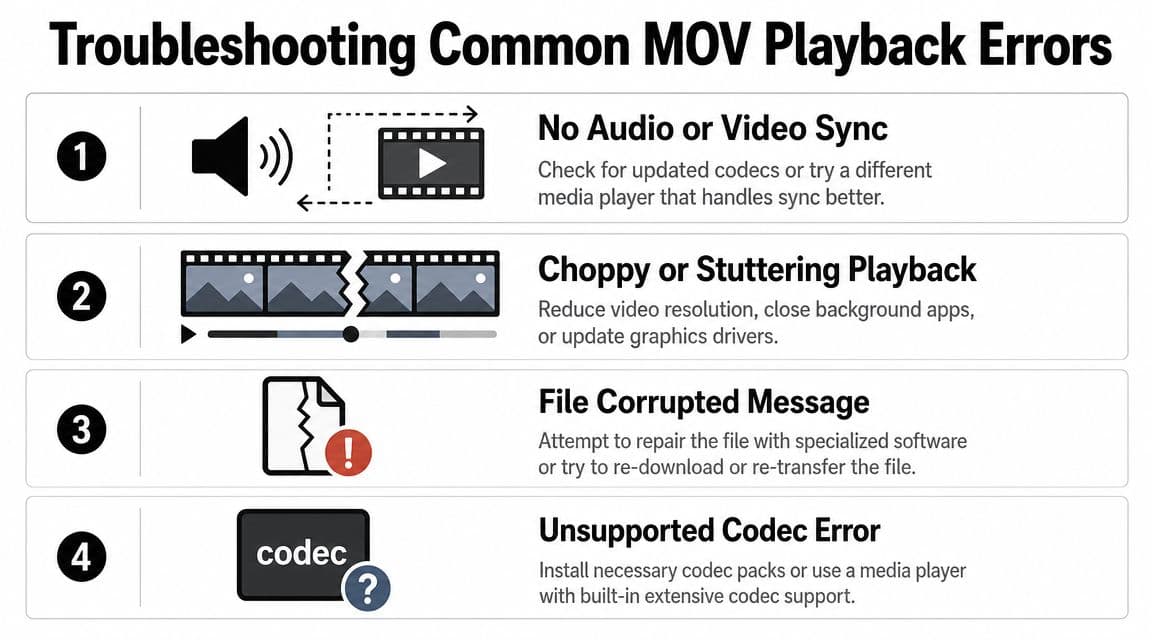 A troubleshooting guide for common MOV video playback errors showing four points with solutions for each issue.