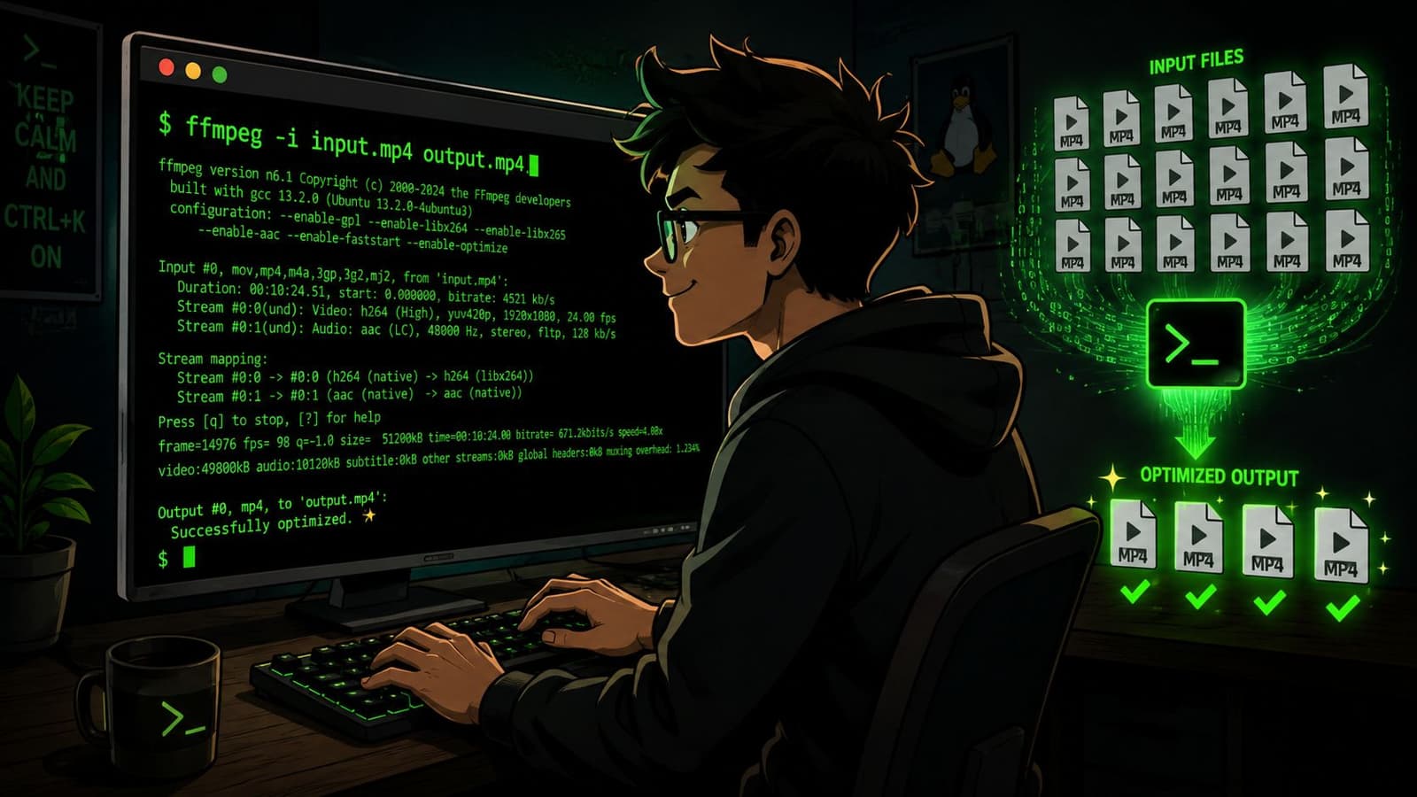 A young programmer sitting at a desk optimizing video files using terminal commands on a computer monitor.