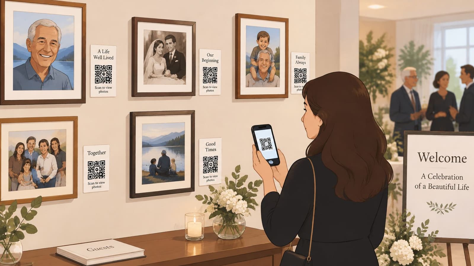A woman using her smartphone to scan a QR code at a memorial service photo display table.
