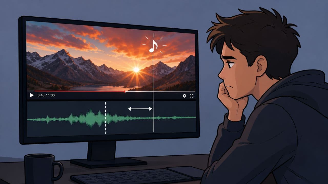 An anime-style young man looking thoughtfully at a computer screen displaying audio and video editing software.