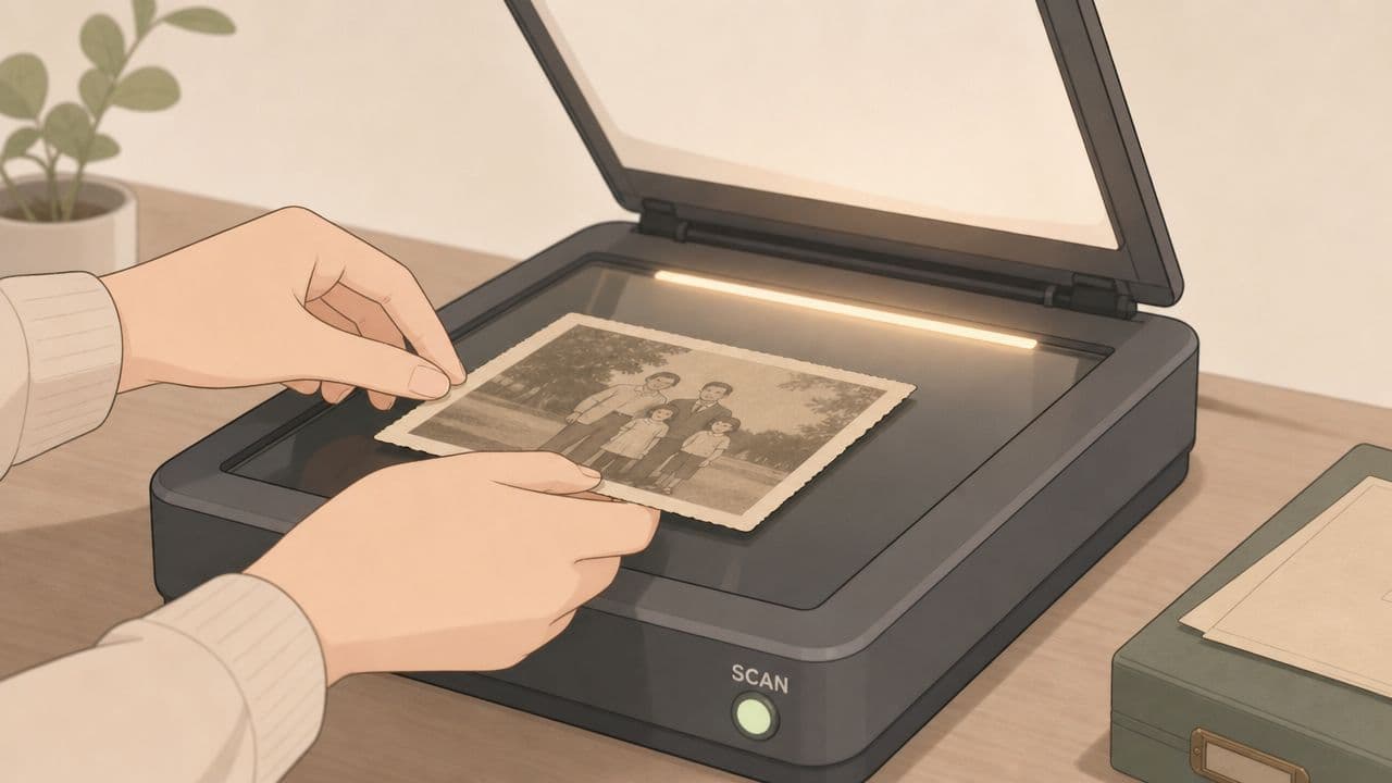 A person placing an old vintage family photograph onto a flatbed scanner to digitize the image.