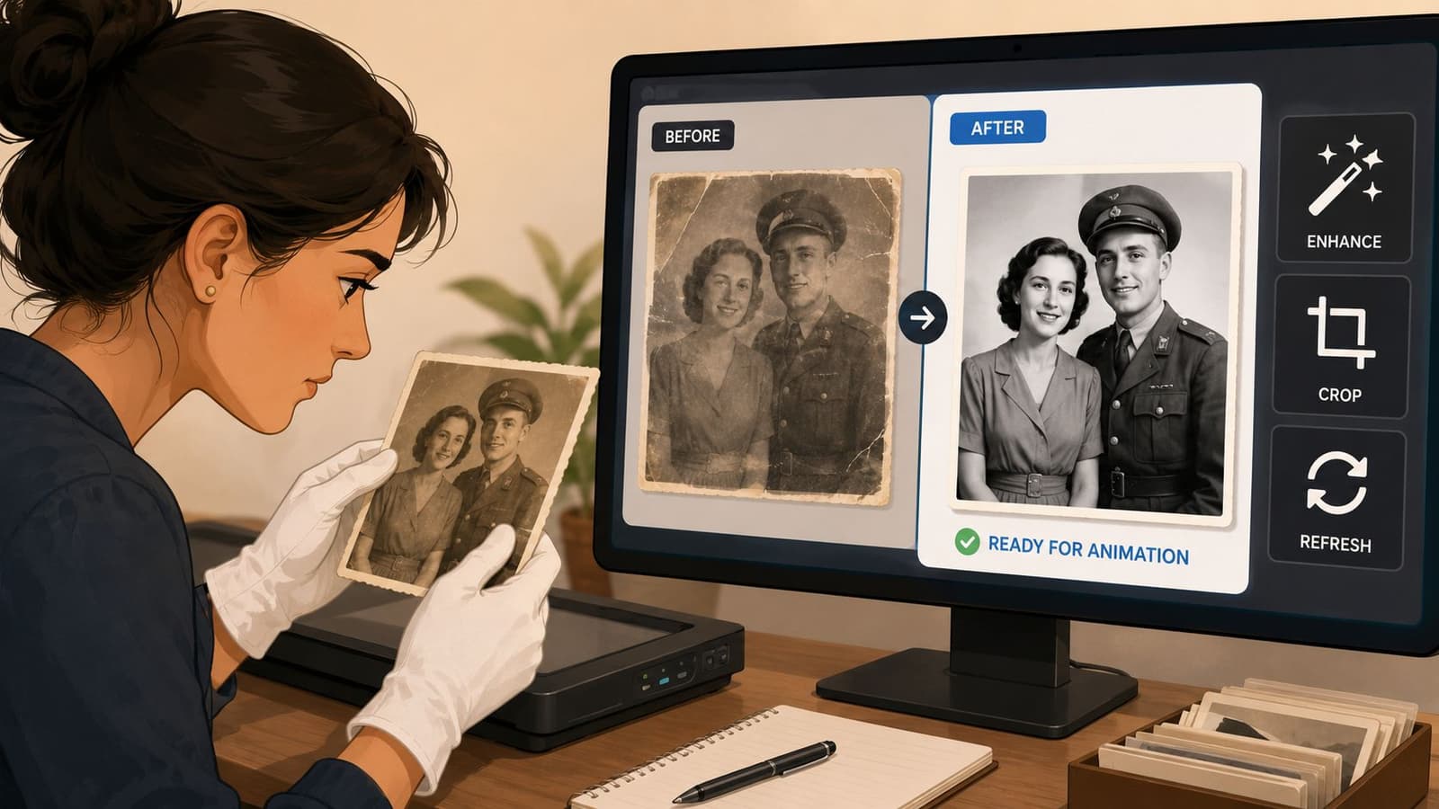 A woman using an AI photo to video generator to restore an old vintage photograph of a couple.