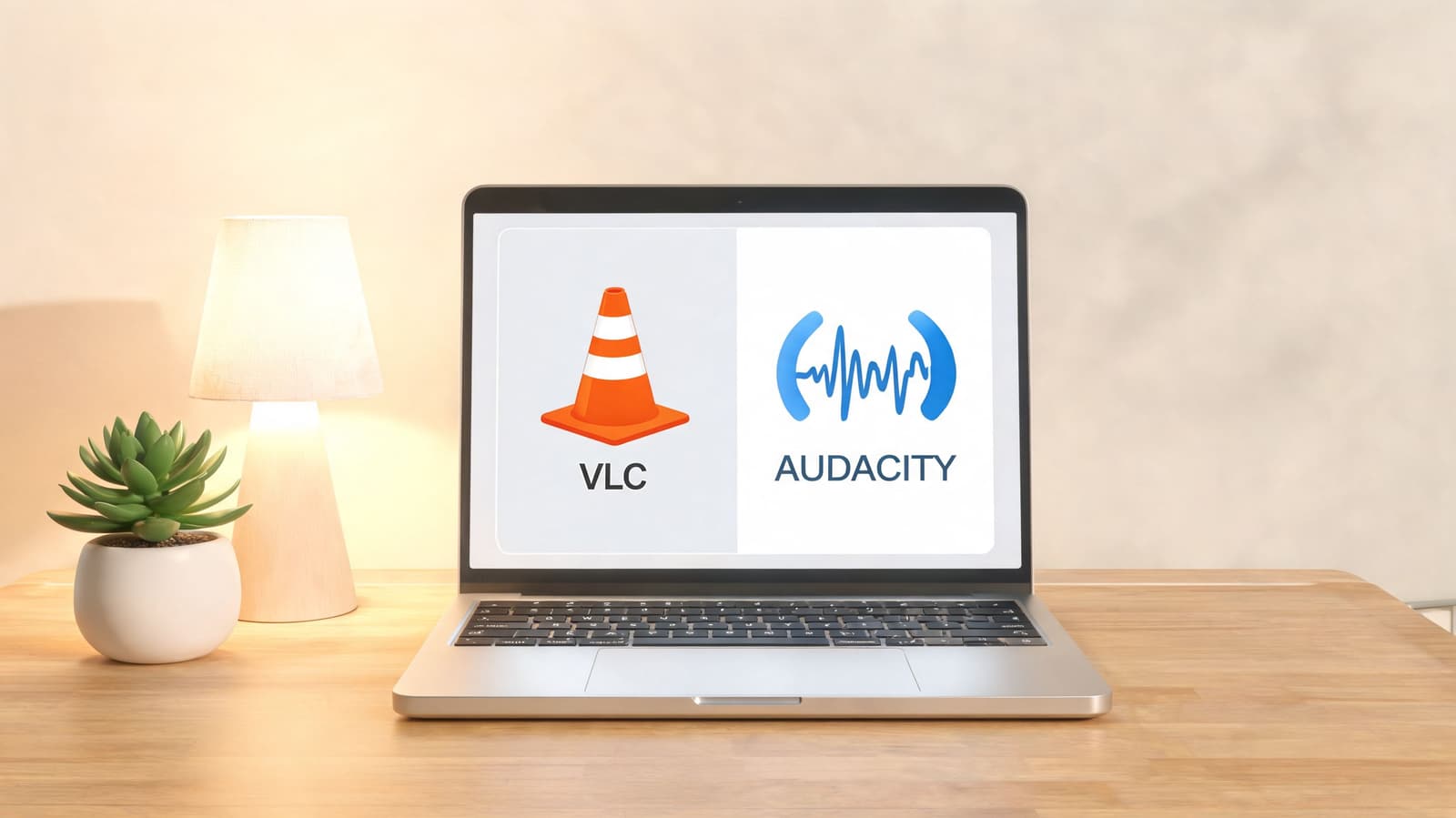 A laptop on a wooden desk displaying icons for VLC media player and Audacity audio software.
