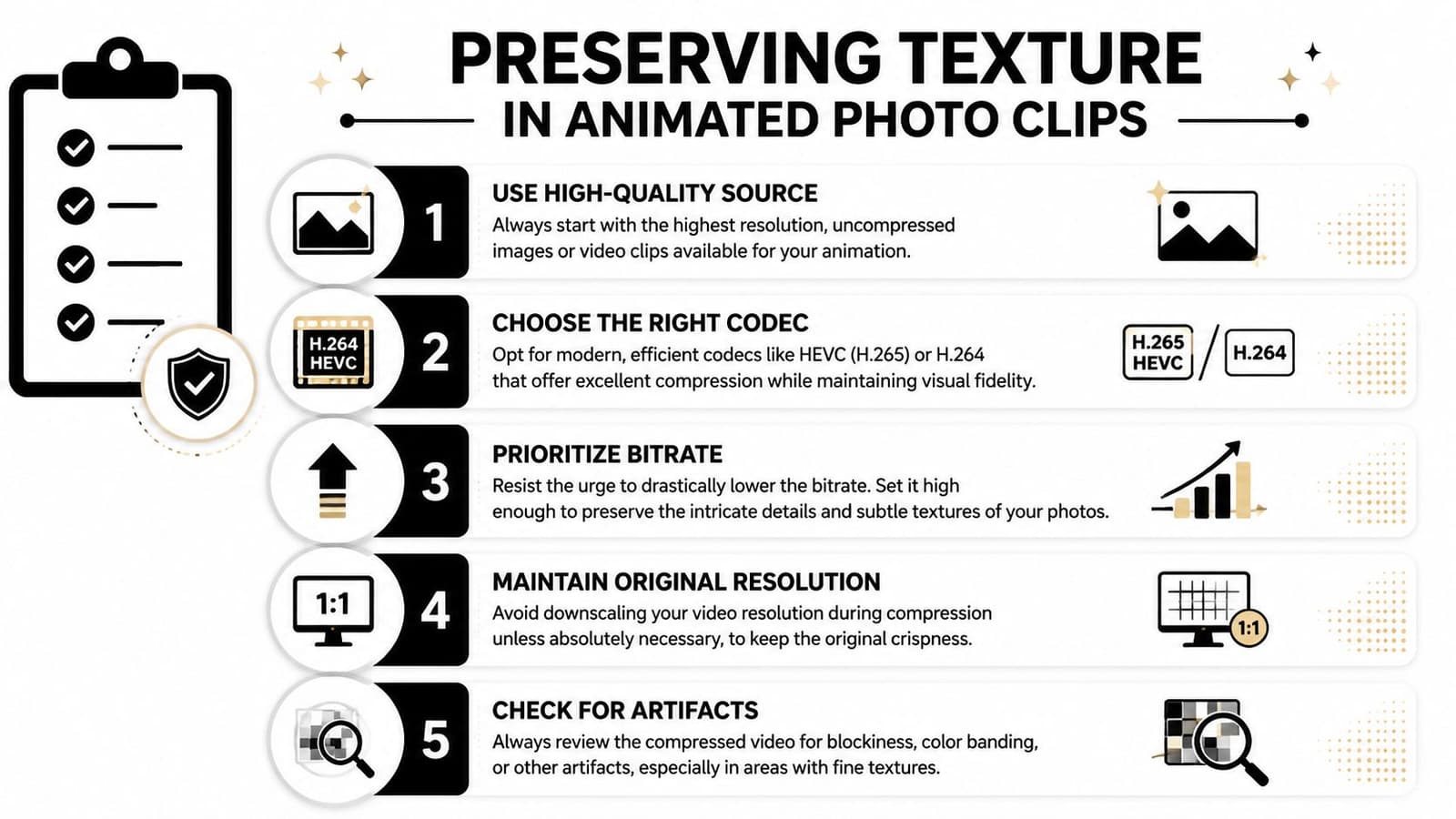 An infographic titled Preserving Texture in Animated Photo Clips with five numbered tips for high-quality video compression.