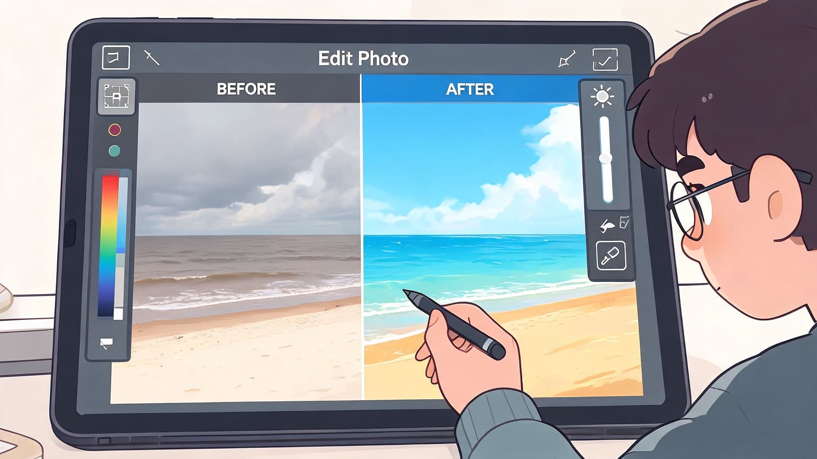 An illustrated person using a digital tablet to edit a beach photo in a graphics app.
