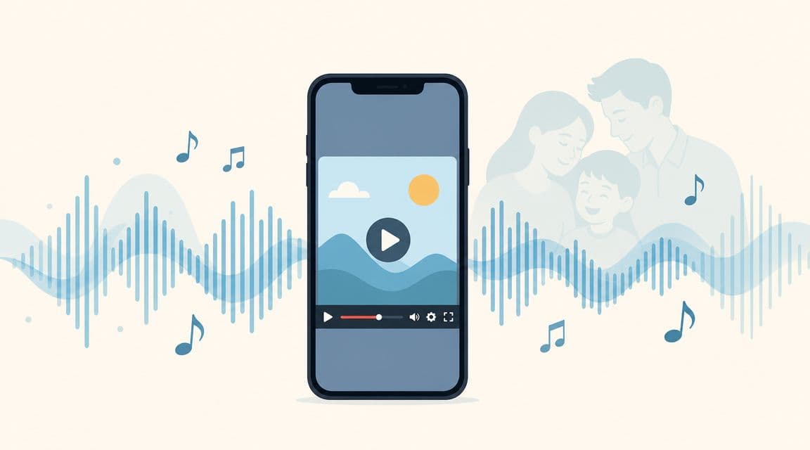 A smartphone displaying a video with sound waves and musical notes representing audio extraction from video content.