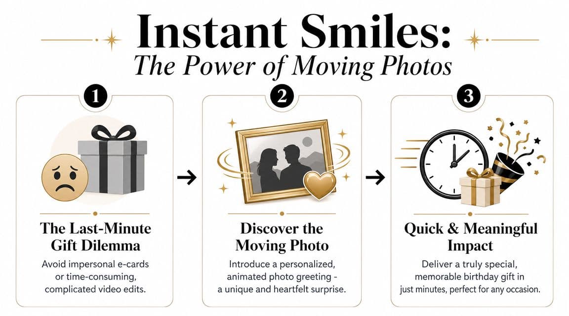 A three-step infographic showing how to create meaningful personalized moving photo gifts for birthdays in minutes.