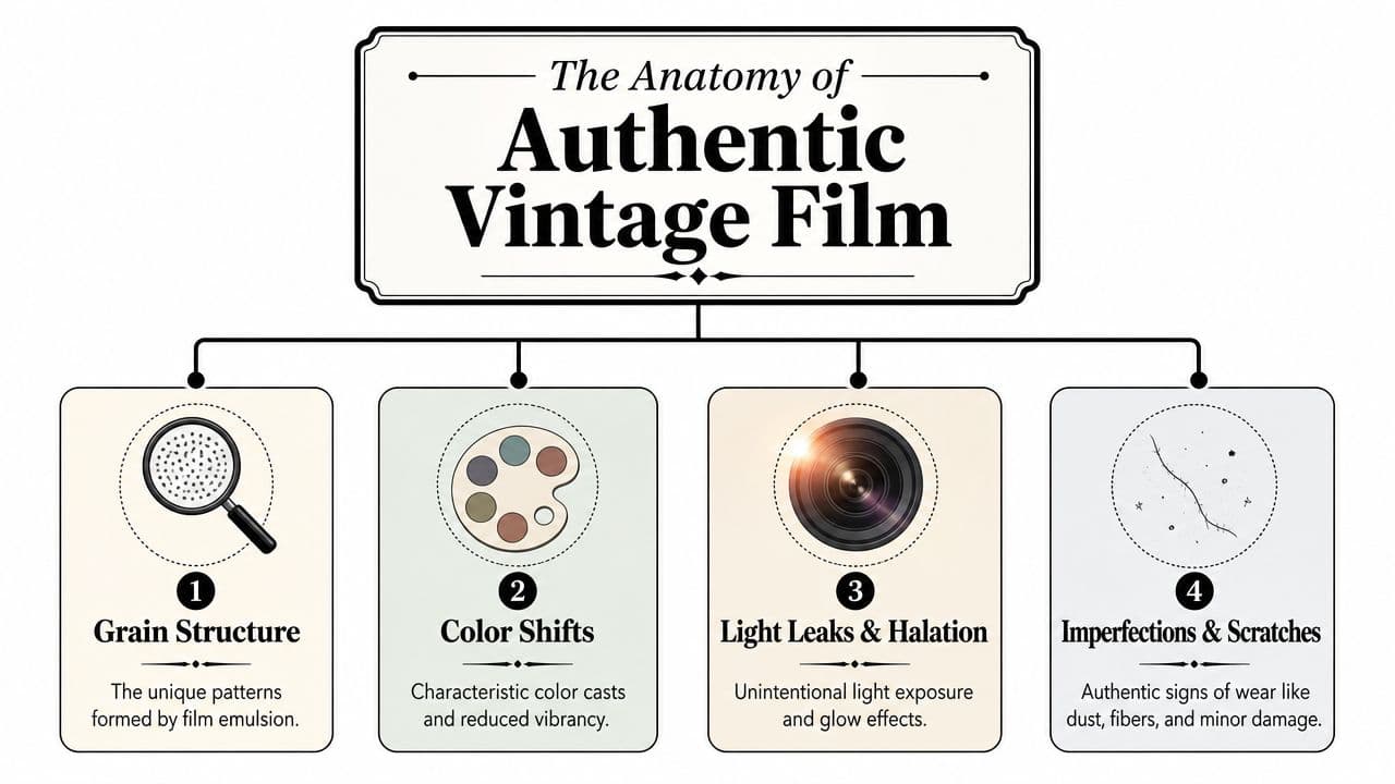 A diagram infographic titled The Anatomy of Authentic Vintage Film, showing four key characteristics of vintage photography.