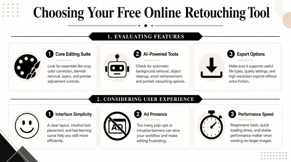 A professional infographic titled Choosing Your Free Online Retouching Tool with tips for selecting editing software.