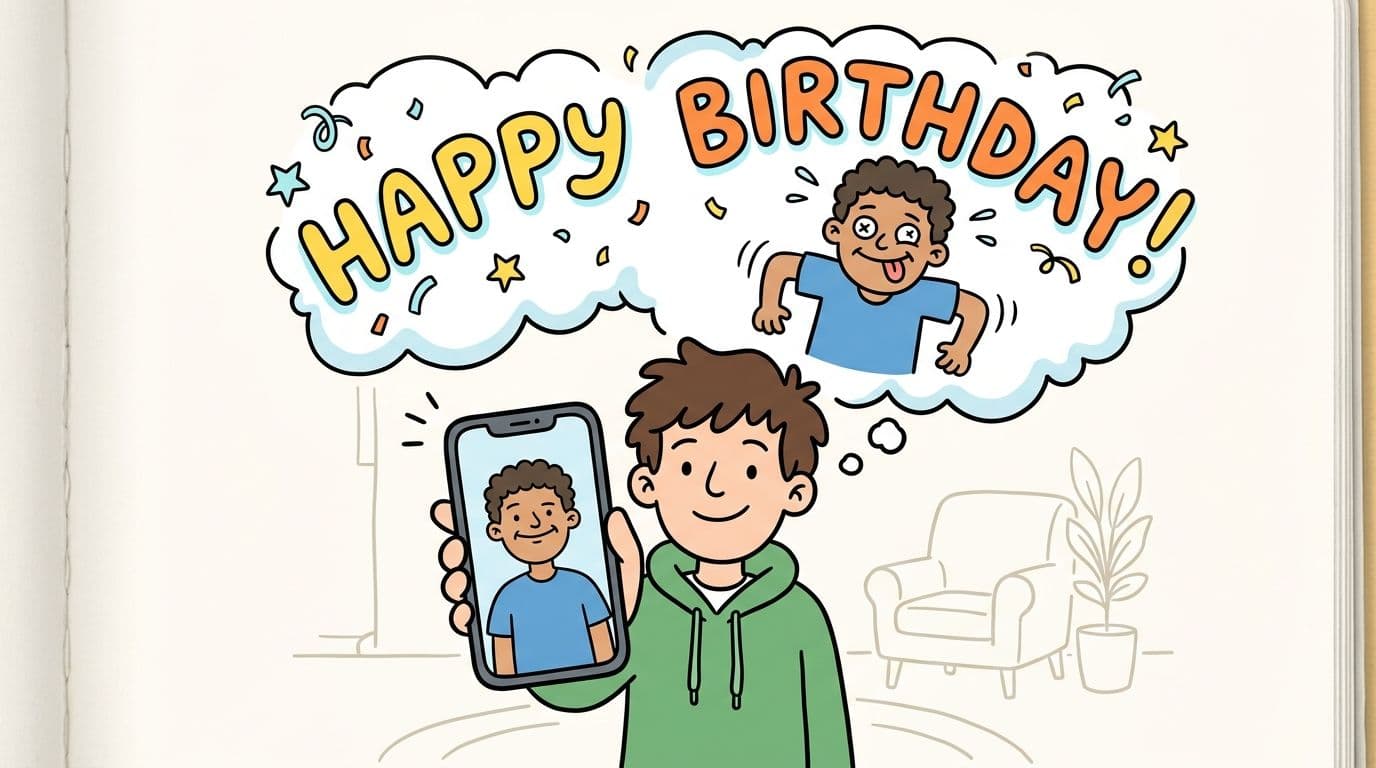 A hand-drawn illustration shows a boy holding a phone displaying a friend, with a playful birthday thought bubble.